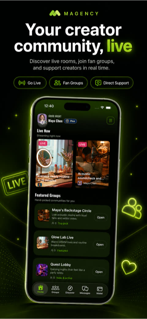 Magency app screen showing live streaming